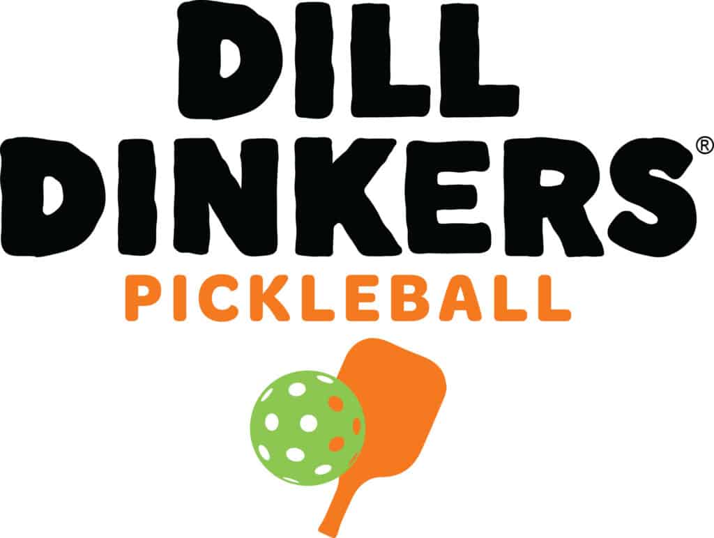 Dill Dinkers Black Text Logo With orange Pickleball Text and Paddle hitting a Green pickleball