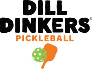 Dill Dinkers Black Text Logo With orange Pickleball Text and Paddle hitting a Green pickleball