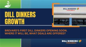 Dill Dinkers Pickleball promotional graphic announcing the upcoming opening of Brevard’s first Dill Dinkers location. The text reads: 'DILL DINKERS GROWTH – BREVARD'S FIRST DILL DINKERS OPENING SOON. WHERE IT WILL BE, WHAT DEALS ARE OFFERED?' The Dill Dinkers Pickleball logo appears at the bottom. The clubs front of building is pictured in a box on the right side