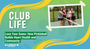 Group of friends standing together on a pickleball court, smiling and celebrating community during club play with a lifestyle banner highlighting heart health and connection.