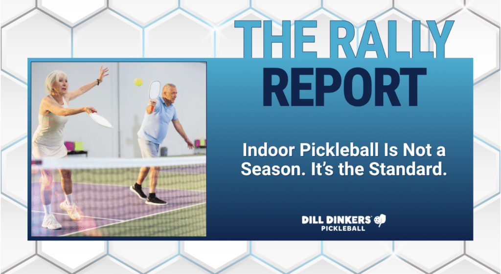 Indoor pickleball players competing on a climate controlled court, illustrating year‑round play as the standard for the sport