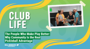 Four adult pickleball players gathered at an indoor court, talking between games, with graphic text highlighting community and club life.